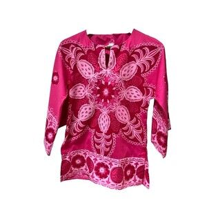 Ruth Clarage Hand Printed Original Vintage Pink Tunic Top Tropical Sz S P Barbie